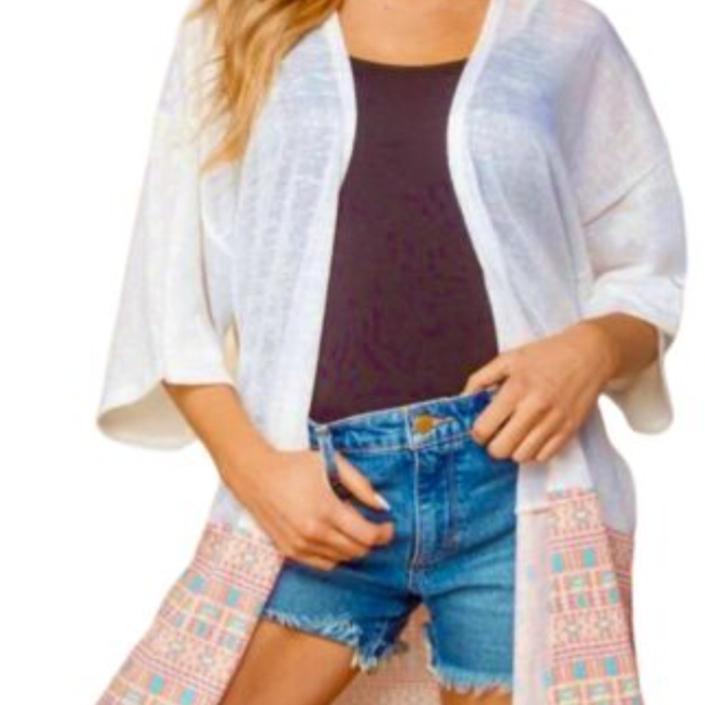 White Sheer Kimono with Colorful Trim